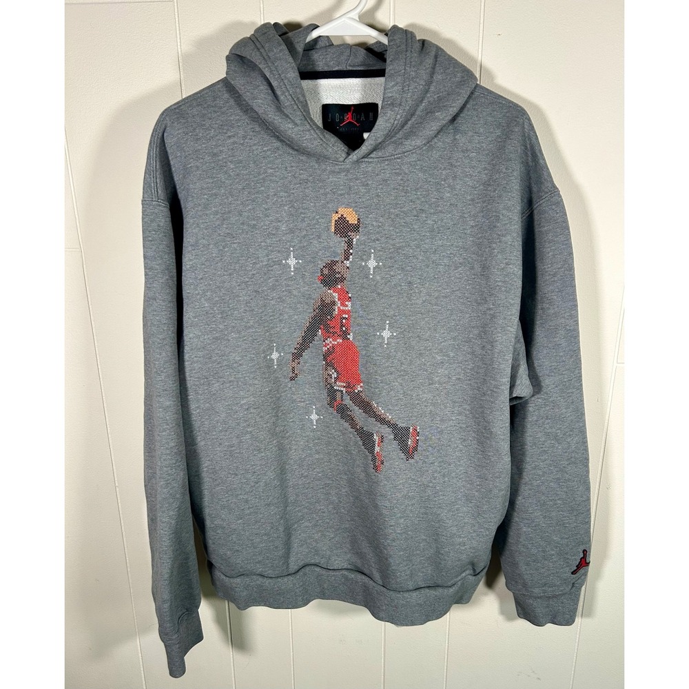 Nike Jordan Essentials Pixelated Jumpman Graphic Fleece Hoodie Gray Mens Large